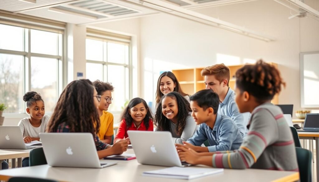 A bright, airy classroom with large windows allowing natural light to pour in. In the foreground, students of diverse backgrounds engaged in lively discussions, their faces lit with enthusiasm as they collaborate on digital learning platforms. In the middle ground, a teacher stands by, guiding them with a warm, encouraging demeanor. The background showcases interactive whiteboards, laptops, and other digital learning tools, creating a modern, technology-infused learning environment. The overall atmosphere is one of productivity, cooperation, and the seamless integration of technology into the educational experience.