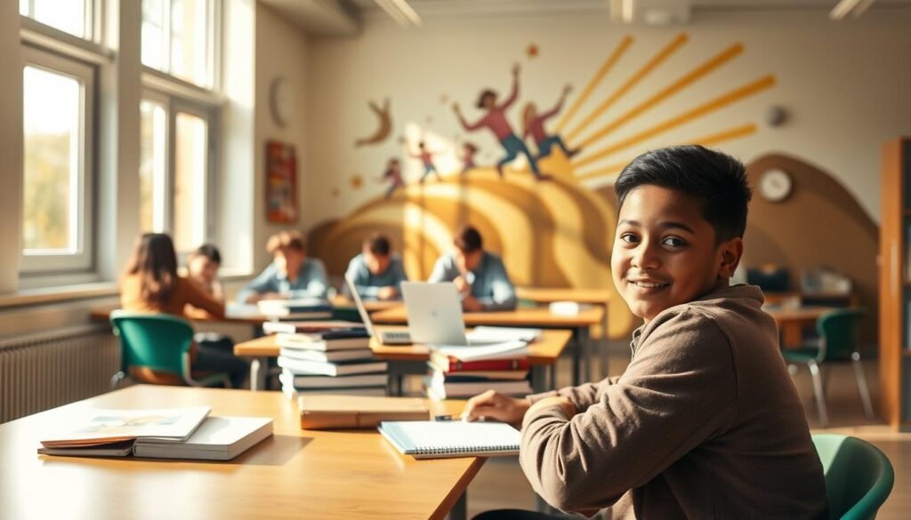 A brightly lit classroom setting, with large windows bathing the space in warm, natural light. In the foreground, a student sits at a desk, their face alight with a sense of focus and determination. They are surrounded by stacks of books, notepads, and a laptop, symbolizing the tools of their academic journey. In the middle ground, other students are engaged in group discussions, collaborating and supporting one another's learning. The background features a vibrant, inspirational mural on the wall, depicting students soaring towards their goals, fueled by a spirit of motivation and self-discipline. The overall atmosphere conveys a sense of productive, engaged learning, where students are empowered to take ownership of their educational experience.