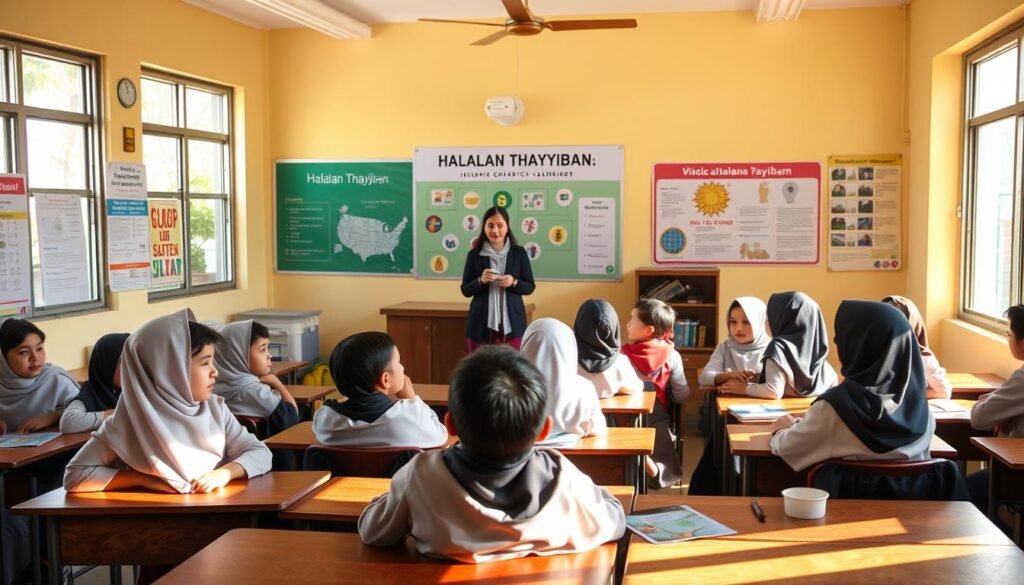 A classroom scene with students engaged in a lesson on Halalan Thayyiban. In the foreground, a teacher stands at the front, using visual aids to explain the concepts. The students, sitting at desks, listen intently, their faces reflecting a mix of curiosity and understanding. Warm, natural lighting filters in through large windows, creating a welcoming and educational atmosphere. The classroom walls are adorned with relevant posters and information, reinforcing the importance of Halalan Thayyiban. The overall scene conveys a sense of learning, discovery, and the integration of Islamic principles into the school curriculum.