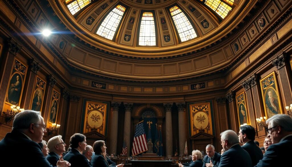A grand, ornate chamber with a majestic dome overhead, illuminated by warm, golden light streaming through stained glass windows. In the foreground, a group of lawmakers engaged in solemn discussion, their faces etched with the weight of their responsibilities. The middle ground features elegant columns and intricate architectural details, conveying a sense of tradition and gravitas. In the background, a backdrop of the nation's flag and emblems, symbolizing the principles of constitutional democracy that guide their deliberations. The overall scene exudes an atmosphere of reverence, wisdom, and the sacred duty of shaping the nation's political landscape.