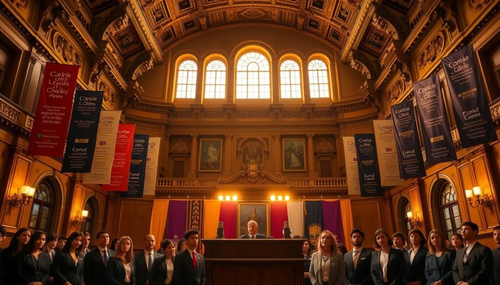 A grand, ornate hall with high ceilings and intricate architectural details. In the foreground, a group of students in formal attire stand before a large, imposing podium, faces filled with determination and ambition. Behind them, an array of vibrant, colorful banners and flags hang from the walls, showcasing various scholarship programs and opportunities. Warm, golden lighting casts a rich, inviting glow, creating a sense of prestige and opportunity. In the background, a row of tall, arched windows allow natural light to filter in, illuminating the scene and conveying a sense of openness and possibility. The overall atmosphere is one of excitement, aspiration, and the promise of a brighter future for these law students.