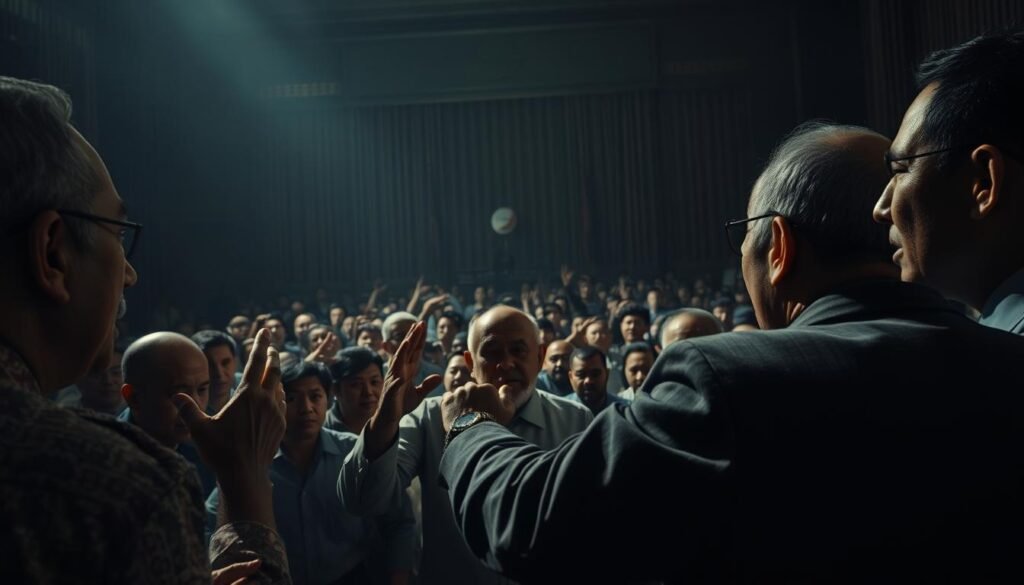 A heated debate unfolds, tension palpable in the air. In the foreground, figures gesticulate passionately, faces etched with both conviction and discord. The middle ground reveals a tapestry of diverse perspectives, clashing ideologies battling for dominance. In the background, a dimly lit chamber, where the weight of history and the burden of compromise cast long shadows. Chiaroscuro lighting accentuates the gravity of the moment, as the future of a nation hangs in the balance. Captured through a cinematic wide-angle lens, this scene conveys the profound controversy and critical discourse surrounding the UUD 1945, the foundational document that has shaped Indonesia's path.