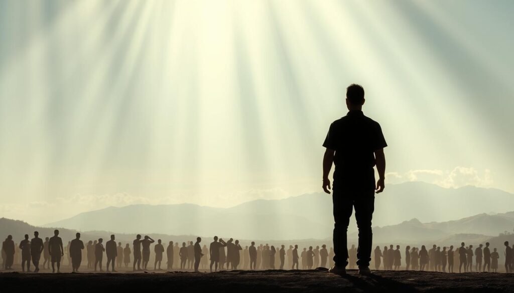 A serene and contemplative scene depicting the concept of "hak asasi manusia" (human rights). In the foreground, a solitary figure stands against a backdrop of cascading light, their silhouette symbolic of the individual's inalienable rights. The middle ground features a tapestry of diverse human forms, each representing the universality of these fundamental freedoms. In the distant background, a majestic landscape serves as a metaphor for the grand ideals of human dignity, equality, and justice. The overall composition conveys a sense of reverence, empowerment, and the enduring quest for a more just and inclusive society.