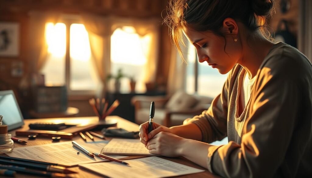 A serene home studio bathed in warm, golden light. Paintbrushes, sheet music, and a weathered acoustic guitar lie scattered across a wooden table, hinting at the creative process. In the foreground, a thoughtful songwriter pens lyrics, their face reflecting a deep emotional connection to the melody. The background fades into a soft, blurred landscape, suggesting a tranquil, introspective atmosphere conducive to the birth of a heartfelt, nostalgic song.