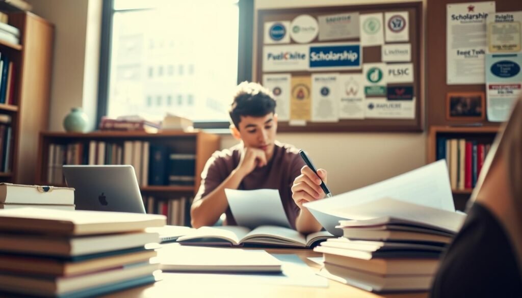 A serene study space, bathed in warm, natural light. In the foreground, a stack of reference books and a laptop, signifying the academic focus. In the middle ground, a thoughtful student reviewing scholarship application materials, pen in hand. The background reveals a bulletin board displaying various scholarship logos and announcements, hinting at the strategic selection process. The overall mood is one of focused determination, with a sense of opportunity and possibility.
