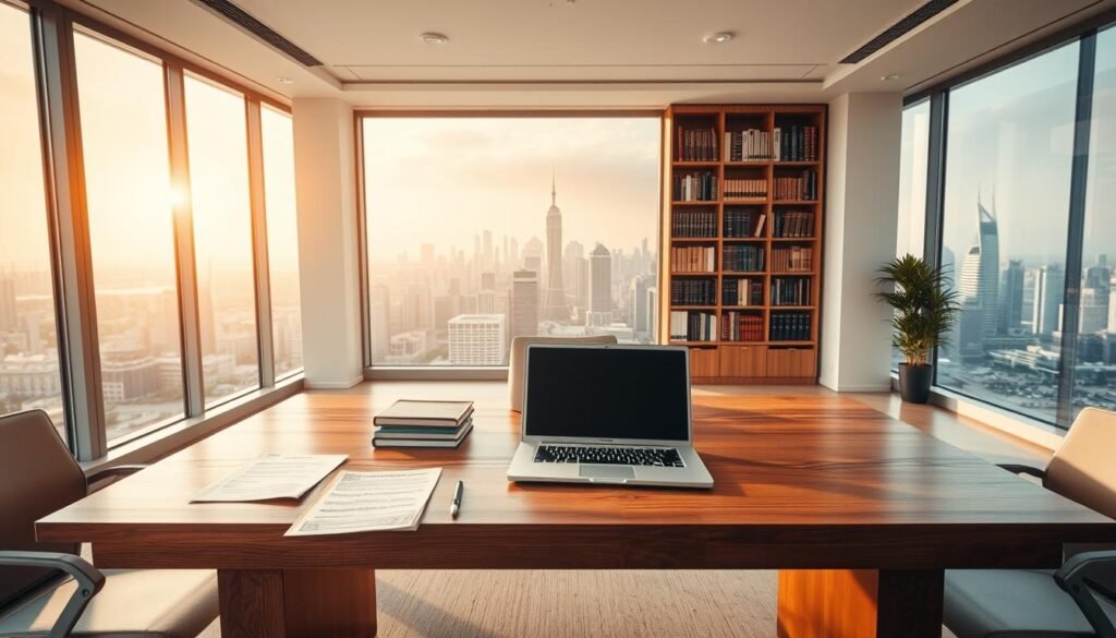 A serene, well-lit office interior with a large wooden desk in the foreground. On the desk, various business documents and a laptop are neatly arranged, symbolizing ethical and halal business practices. In the middle ground, a bookshelf filled with Islamic texts and literature stands as a testament to the integration of faith and commerce. The background depicts a panoramic view of a bustling city skyline, hinting at the wider societal impact of conducting halalan thayyiban-compliant business. Warm, natural lighting filters through large windows, creating a tranquil and productive atmosphere. The overall composition conveys a sense of balance, prosperity, and spiritual fulfillment in the realm of business.