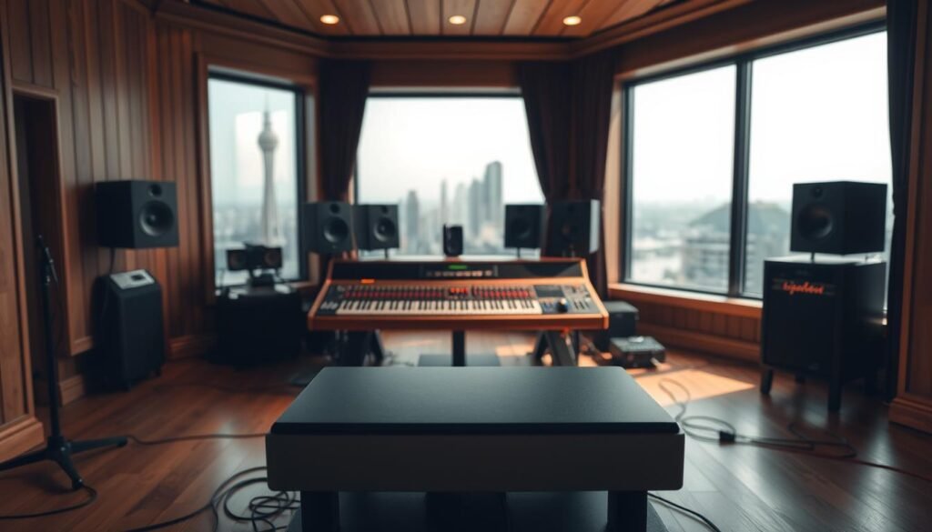 A tranquil recording studio with a warm, cozy atmosphere. In the foreground, a sleek, modern music platform stands prominently, its clean lines and minimalist design exuding a sense of professionalism. The middle ground features a well-equipped soundboard, with knobs and sliders that hint at the intricate sound engineering process. In the background, a large window overlooking a serene cityscape, the soft, diffused light filtering in and creating a soothing ambiance. The overall scene conveys a sense of artistic focus, where the creative process of music production can thrive.