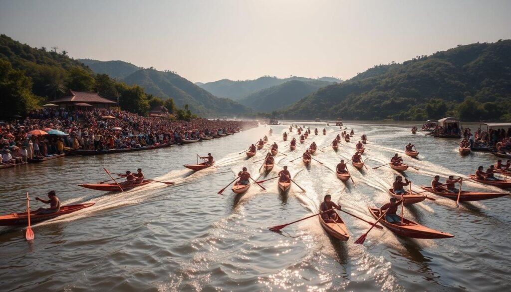 A vibrant and energetic scene of the traditional "Pacu Jalur" boat racing festival. In the foreground, sleek, brightly-painted wooden boats with rowers in traditional costumes propel themselves swiftly across a tranquil river, their oars cutting through the water in perfect synchronization. The middle ground is filled with crowds of spectators lining the riverbanks, their colorful umbrellas and garments creating a visually striking tapestry. In the background, lush green hills and a clear, azure sky set the stage for this captivating cultural event. Dramatic, natural lighting casts a warm, golden glow over the entire scene, evoking a sense of excitement and celebration. The overall composition and attention to detail convey the energy, vibrancy, and cultural significance of the "Pacu Jalur" tradition.