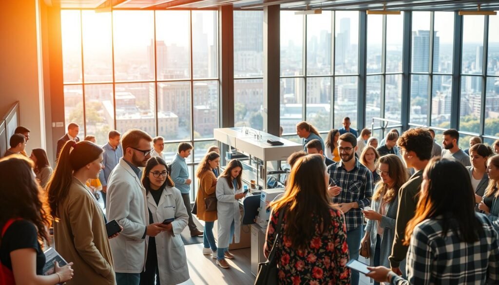 A bustling university campus, with students and faculty actively engaged in discussions and collaborative projects. In the foreground, a diverse group of people - professors, researchers, and community members - animatedly sharing ideas and insights. The middle ground features a well-equipped research lab, where state-of-the-art equipment and technology enable groundbreaking discoveries. In the background, a vibrant cityscape, symbolizing the seamless integration of the institution with the local community. Warm, natural lighting filters through large windows, creating a sense of openness and transparency. The overall scene conveys a spirit of intellectual curiosity, social responsibility, and a shared commitment to the betterment of society.
