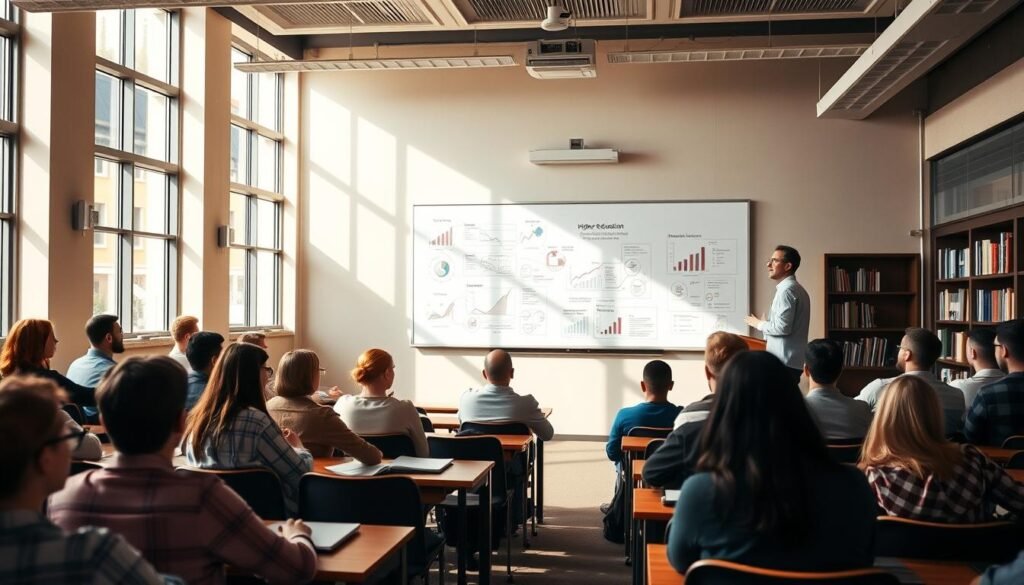 A lecture hall filled with attentive students, seated at desks arranged in neat rows. Sunlight streams through large windows, casting a warm glow over the scene. In the foreground, a professor stands at a podium, gesturing animatedly as they lead a discussion on higher education evaluation. The middle ground showcases a whiteboard filled with charts, graphs, and diagrams, illustrating the complexities of the topic. In the background, bookcases line the walls, hinting at the wealth of knowledge available. The atmosphere is one of thoughtful contemplation, as the students engage with the material, considering ways to improve and reform the higher education system.