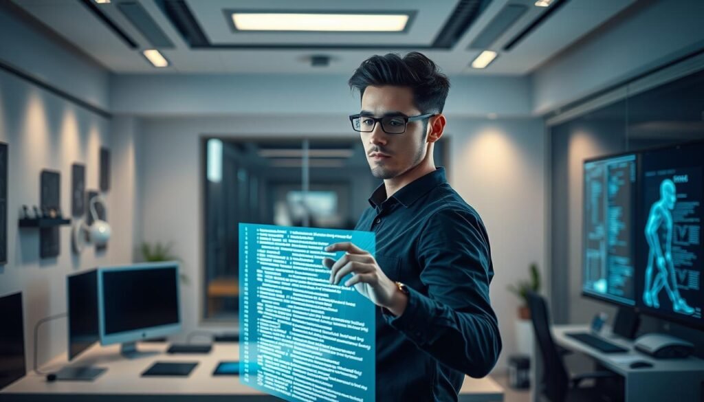 A professional IoT Blockchain developer standing confidently in a futuristic workspace, surrounded by a wealth of cutting-edge technology. The developer's face is partially obscured, but their focus is clear as they interact with a holographic display, their hands deftly manipulating lines of code. The background is a sleek, minimalist office setting with clean lines, muted colors, and subtle nods to the latest advancements in the field of Internet of Things and Blockchain. Soft, directional lighting illuminates the scene, creating a sense of depth and emphasis on the developer's skilled work. The overall atmosphere conveys a sense of innovation, problem-solving, and the exciting potential of these emerging technologies.