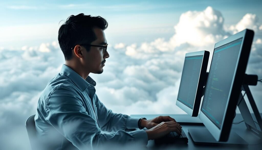 A professional cloud engineer working intently at a sleek, modern workstation, surrounded by ethereal, billowing clouds that seem to emanate from the computer screens. The engineer's face is focused, brows furrowed in concentration, fingers deftly typing commands. Soft, diffused lighting illuminates the scene, casting a serene, thoughtful atmosphere. In the background, a vast, cloud-covered landscape recedes into the distance, hinting at the scale and complexity of cloud infrastructure. The composition emphasizes the engineer's role as the foundation of innovation, seamlessly bridging the digital and physical realms.