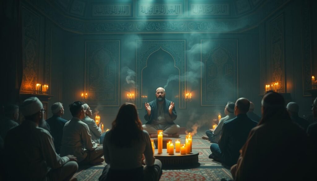 A serene Sufi gathering in a dimly lit chamber, adorned with intricate Islamic calligraphy and ornate tapestries. In the center, a spiritual leader recites the Dalail Khairat, his voice resonating with reverence. Devotees sit cross-legged, their faces bathed in the warm glow of candles, eyes closed in deep contemplation. Wisps of incense drift through the air, creating an atmosphere of mysticism and tranquility. The scene is captured through a hazy, low-angle lens, evoking a sense of timelessness and the transcendent nature of Sufi spiritual practices.