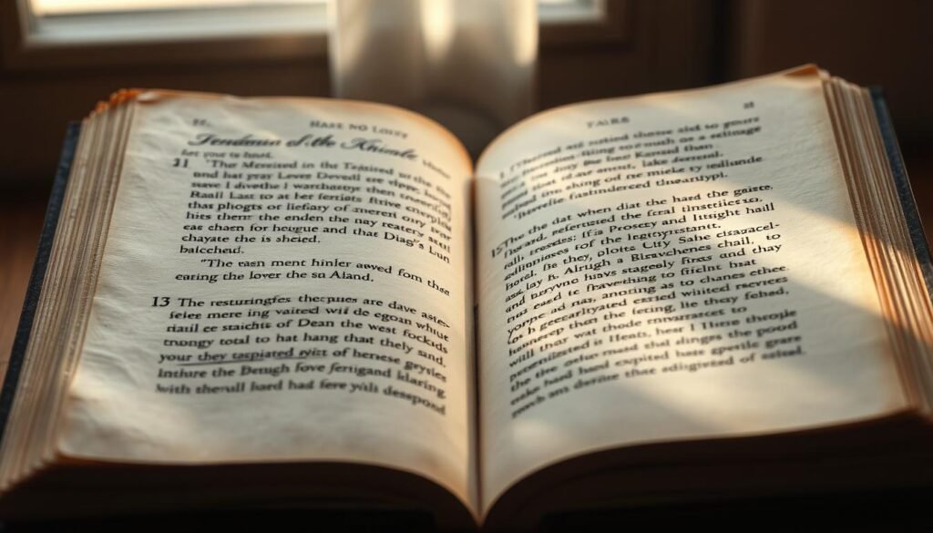 A serene, hand-written book opened to display the testimonies of readers captivated by the spiritual insights of Dalail Khairat. The pages are aged, with a worn, weathered texture, conveying a sense of reverence and timelessness. Soft, diffused light filters through a window, casting a warm glow on the text, which appears to be in an elegant, calligraphic script. The background is a muted, neutral palette, allowing the book to be the focal point, drawing the viewer into the deeply personal reflections within.