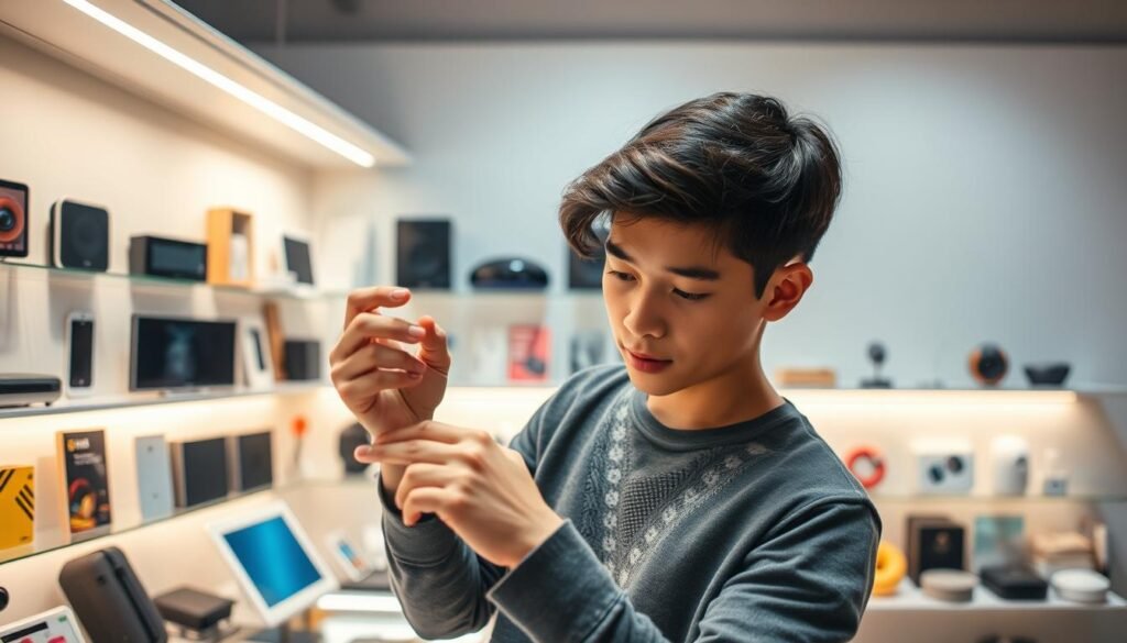 A vibrant scene of a young person carefully examining and comparing various products on a modern, minimalist display. The foreground features the person's hands meticulously inspecting the items, their expression one of deep contemplation. The middle ground showcases an array of neatly arranged products, ranging from electronics to household goods, all lit by soft, diffused lighting that creates a sense of warmth and focus. The background is a clean, uncluttered space, allowing the viewer to concentrate on the decision-making process. The overall atmosphere conveys a sense of thoughtfulness and deliberation, reflecting the important task of selecting the right product to resell.