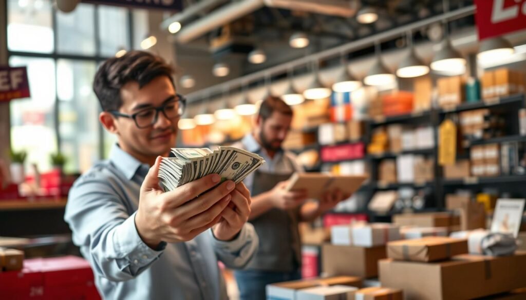 A well-lit, high-resolution image depicting the key benefits of being a reseller. In the foreground, a person counting stacks of money, representing the financial gains. In the middle ground, a person packaging and shipping products, showcasing the convenience and flexibility of the reseller model. In the background, a vibrant e-commerce marketplace with various products, hinting at the diverse opportunities available. The scene should convey a sense of prosperity, efficiency, and the potential for growth inherent in the reseller business.