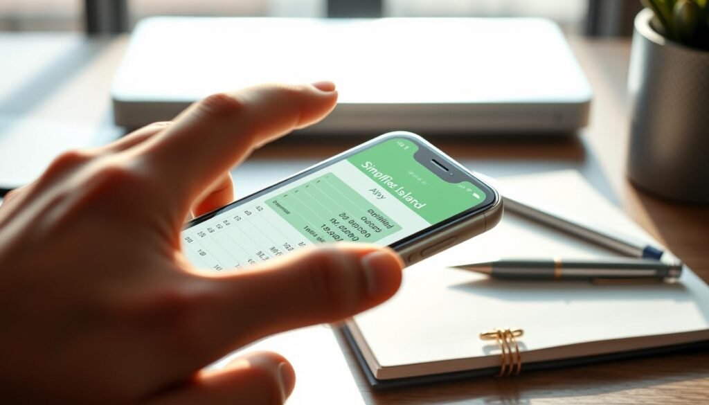 A close-up of an iPhone displaying the Dynamic Island feature, set against a sleek, modern workspace background. The iPhone is positioned at an angle that highlights the notch, with vibrant, interactive Excel-like visuals showing a simplified budgeting app for grocery calculations. In the foreground, a hand reaches towards the screen, interacting with the dynamic elements. Soft, natural light illuminates the scene, creating a professional atmosphere. The background includes subtle hints of a desk with office supplies like a notebook and pen, enhancing the business setting. Use a slightly blurred effect in the background to keep the focus on the device and the dynamic interface, evoking a contemporary, tech-savvy vibe.