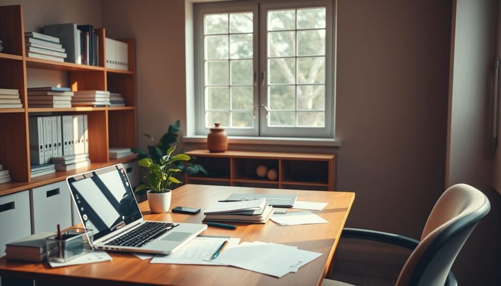 A cozy office setting with a wooden desk, an open laptop, and a small potted plant. The desk is cluttered with various financial documents and a pen holder. The walls are adorned with minimalist shelves displaying accounting books and files. Warm, natural lighting filters through a large window, casting a gentle glow across the scene. The overall atmosphere is one of organized productivity and efficiency, perfectly capturing the essence of a practical, offline financial tracking application for small businesses.