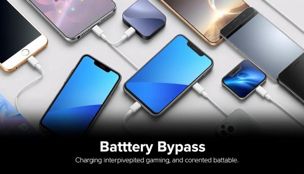 A detailed illustration showcasing a variety of smartphones with their charging ports highlighted, depicting the "Battery Bypass" feature for uninterrupted gaming and extended battery life. The phones are arranged in a visually appealing layout, with clean lighting and a neutral background that allows the devices to take center stage. The image conveys a sense of functionality and technical prowess, catering to the article's informative nature. The overall composition is designed to provide a clear and informative visual representation of the supported devices and their charging capabilities.