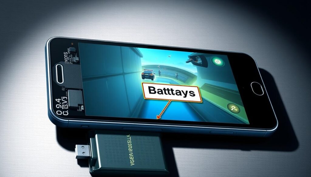 A detailed technical illustration of a battery bypass system for an Android device. The foreground shows the device's internals, including the battery, charging port, and a labeled circuit board component representing the "Battery Bypass" functionality. The middle ground depicts the device's outer casing, sleek and modern, with the screen displaying a game or app interface. The background features a subtle gradient or texture suggesting a technical, futuristic environment. Dramatic lighting from the side casts sharp shadows, emphasizing the intricate details of the hardware. The overall tone is one of precision, innovation, and efficiency, showcasing the "Battery Bypass" capability as a cutting-edge feature for enhanced performance.