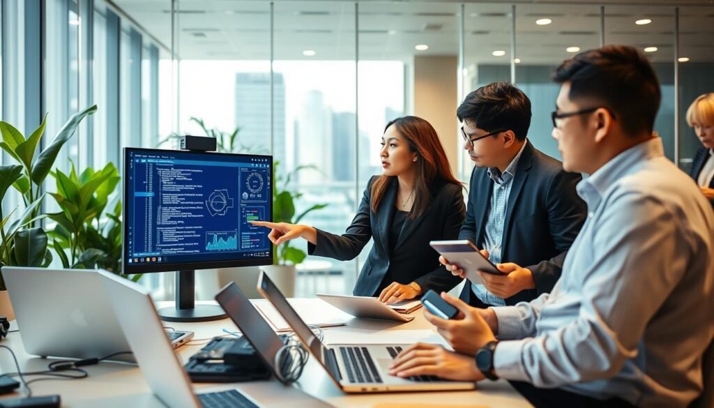 A group of diverse Indonesian technology developers collaborating in a modern office space, showcasing an environment of innovation and teamwork. In the foreground, three developers—one woman and two men—are intently discussing ideas, surrounded by laptops, tablets, and digital devices. The woman, wearing a formal blazer, is pointing at a digital screen filled with code and project diagrams. The men, one in a smart casual shirt and the other in business attire, are taking notes. In the middle ground, transparent glass walls reveal green plants and a vibrant city skyline in the background, suggesting an urban tech hub. Soft, ambient lighting creates a warm and inviting atmosphere, enhancing the sense of collaboration and creativity. Wide-angle shot to capture the dynamic workspace.