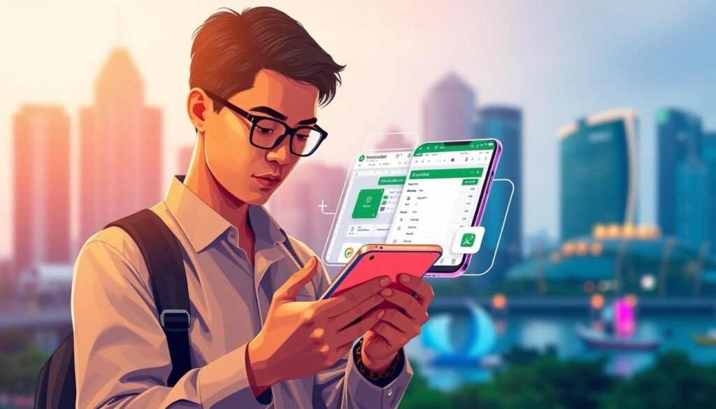 A vibrant digital illustration depicting the experience of Indonesian users with Dynamic Island Excel on their smartphones. In the foreground, a focused user is interacting with their device, showcasing a sleek, modern interface resembling a mini Excel on a vibrant screen. The user, dressed casually in professional business attire, appears engaged and intrigued. In the middle ground, a dynamic split-screen highlights the features of the Dynamic Island functionality, with subtle visual cues suggesting a shopping list and budget calculations. The background features a blurred cityscape of Jakarta, adding a sense of place and modernity, with soft, ambient lighting creating a warm and engaging atmosphere. The overall tone of the image conveys innovation and convenience, capturing the essence of a seamless user experience.