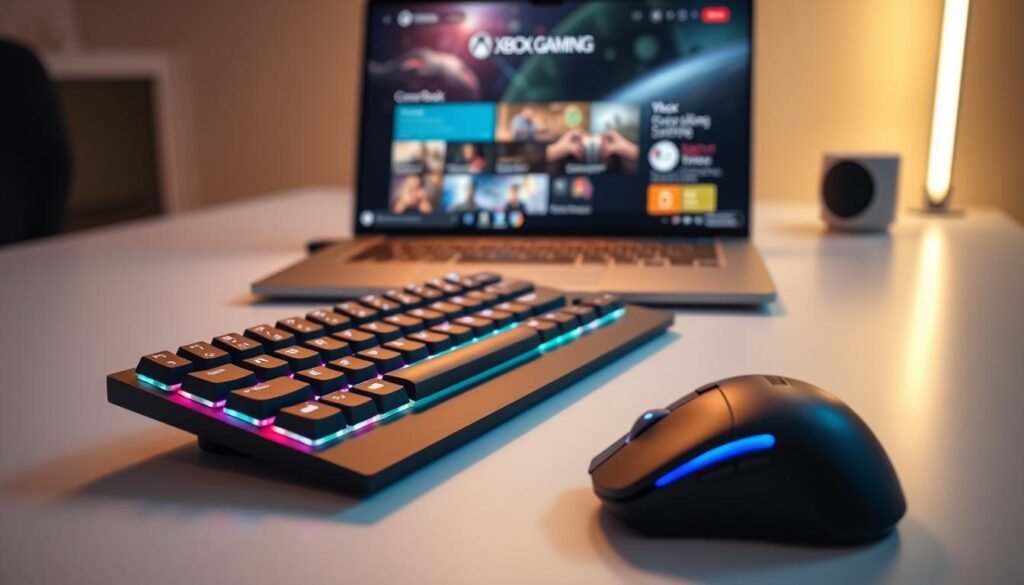 A close-up view of a modern keyboard and mouse set, optimized for gaming, placed on a sleek, minimalist desk. The keyboard features customizable RGB lighting, and the mouse has an ergonomic design with additional buttons for gaming functions. In the background, a high-resolution Chromebook screen displays the Xbox Cloud Gaming interface. Soft, ambient lighting casts a warm glow over the scene, creating an inviting atmosphere. The perspective is slightly angled from above, showcasing the technology while ensuring the focus remains on the keyboard and mouse. The overall mood is futuristic and engaging, emphasizing the seamless integration of stylish gaming peripherals with cloud gaming on a Chromebook.