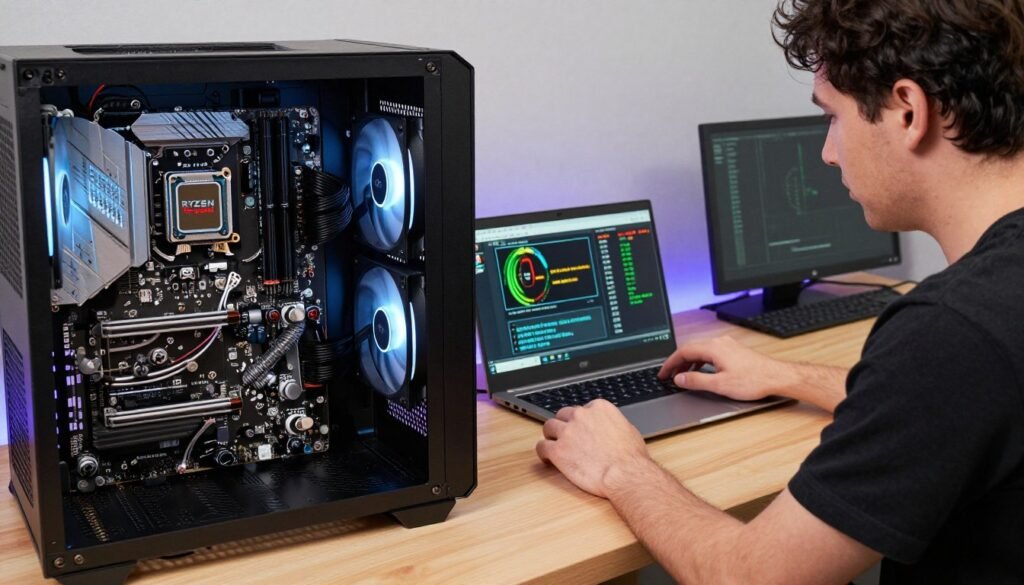 A detailed workspace setup showcasing the preparation for overclocking an AMD Ryzen 9000 processor. In the foreground, a sleek gaming PC case is open, revealing a high-end motherboard with the Ryzen CPU installed, surrounded by various cooling solutions, including a large air cooler and liquid cooling components. In the middle, a mechanic in professional casual attire is carefully adjusting the BIOS settings on a laptop connected to the setup, with illuminated screens displaying temperature readings and voltage adjustments. The background is well-lit with soft LED lighting that highlights the sophisticated hardware. The atmosphere is focused and technical, conveying a sense of anticipation and precision—ideal for a high-performance computing environment, captured from a slight angle to emphasize depth and detail in the components.