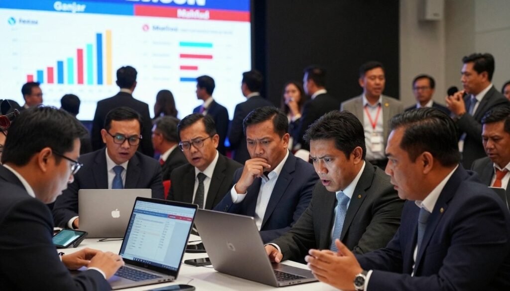A dynamic and informative scene depicting a political quick count setting. In the foreground, a diverse group of professional individuals in business attire is intensely analyzing data on laptops and tablets. They exhibit expressions of surprise and concern, reflecting the unexpected election results. In the middle ground, a large display board features colorful bar charts and graphs showcasing voting results, with the names “Ganjar” and “Mahfud” highlighted. The background features blurred silhouettes of people engaging in discussions, embodying a vibrant yet tense atmosphere. Soft, focused lighting illuminates the scene, suggesting a late evening setting. The mood is a mix of tension and disbelief, emphasizing the lessons of the election results, capturing the essence of democracy and public sentiment.