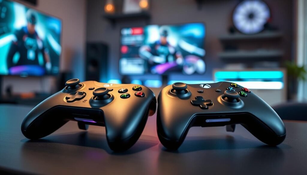 A high-end gaming controller laid on a sleek, modern desk, surrounded by an atmospheric gaming setup. In the foreground, the DualSense and Xbox controllers are displayed side by side, highlighting their unique designs and ergonomic features. The background features a soft-focus of a well-lit gaming room with ambient LED lights reflecting the gaming atmosphere. Natural light from a nearby window casts gentle shadows, enhancing the contours and textures of the controllers. The scene creates a professional, inviting mood, emphasizing comfort and user-friendliness as key elements in gaming controller design. The angle captures the controllers from a slightly elevated perspective, showcasing their buttons and grips clearly, without any text or branding.