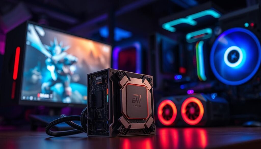 A high-performance gaming CPU sits prominently in the foreground, designed with sleek lines and metallic finishes, showcasing intricate circuitry and cooling fans. The background features a dimly lit gaming setup with glowing RGB elements, including a high-resolution monitor displaying vivid game graphics. Soft, focused lighting highlights the details of the processor, while the depth of field adds a subtle blur to the surrounding components. The mood is energetic and focused, capturing the essence of gaming innovation. The scene is shot from a slightly elevated angle to emphasize the CPU's importance as the powerhouse of gaming performance, conveying a sense of technological advancement and excitement.