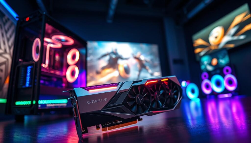 A high-tech gaming graphics card prominently displayed as the foreground element, showcasing intricate details like sleek metallic surfaces, advanced cooling fins, and vibrant LED lights. The middle ground features a high-performance gaming PC case, partially transparent to reveal internal components, with ambient lighting enhancing the futuristic vibe. In the background, a blurred gaming setup with a large curved monitor displaying energetic gaming visuals creates a dynamic atmosphere. The scene is lit with dramatic RGB lighting, casting colorful glows that enhance the high-tech feel. The angle is slightly elevated, providing a clear view of the graphics card, while maintaining a sense of depth and immersion in the gaming environment. The overall mood is energetic and cutting-edge, emphasizing the revolutionizing role of the GPU in gaming.