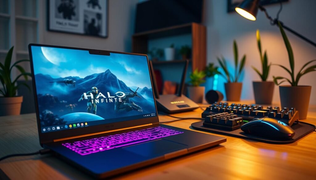 A modern home office setup showcasing a seamless cloud gaming experience. In the foreground, a sleek gaming laptop is lit up, displaying vibrant graphics of Halo Infinite, surrounded by essential gaming peripherals like a high-end gaming mouse and a mechanical keyboard with RGB lighting. The middle layer includes a stable WiFi router with indicator lights glowing, symbolizing strong connectivity. The background features a cozy setup with a well-arranged desk, houseplants, and soft ambient lighting, creating a relaxed gaming atmosphere. The image captures the essence of reliable internet connection for cloud gaming, accentuating clarity and focus. Use a slightly angled perspective to highlight the equipment and create depth, with warm lighting to evoke a sense of comfort and engagement in the gaming experience.