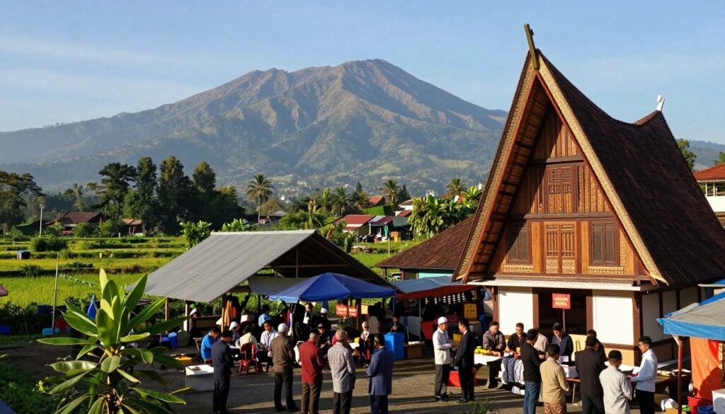 A picturesque view of Sumatera Barat, showcasing its lush green landscapes and vibrant cultural heritage. In the foreground, a traditional Minangkabau house with its distinctive roof stands proudly, symbolizing local identity. In the middle ground, a bustling local market teems with people dressed in professional business attire, engaged in discussions, reflecting the region's political dynamics. The background features the majestic Bukit Barisan mountains under a clear blue sky, with soft natural lighting illuminating the scene. The atmosphere is lively yet serious, capturing the essence of local politics and community engagement in Sumatera Barat, with an emphasis on unity and cultural richness. The perspective is slightly elevated, adding depth to the landscape, while maintaining a warm and inviting ambiance.