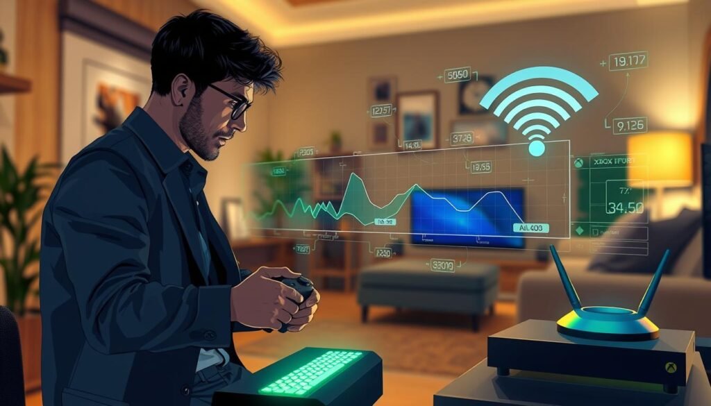 A visually captivating illustration depicting the concept of Xbox Cloud Gaming latency, emphasizing a connection between a player and the cloud. In the foreground, a focused gamer, dressed in smart casual attire, intensely plays Halo Infinite on a sleek console with glowing lights, reflecting a vibrant green hue synonymous with Xbox. The middle ground features a transparent overlay of digital signals and graphs, depicting latency measurements with dynamic lines and numbers floating around, creating a sense of real-time performance analysis. In the background, a cozy home gaming setup with a WiFi router emitting signal waves symbolizes the home network. Soft ambient lighting enhances the atmosphere, conveying a blend of excitement and anticipation about gaming technology, while a subtle bokeh effect adds depth to the scene, immersing viewers into the world of cloud gaming.