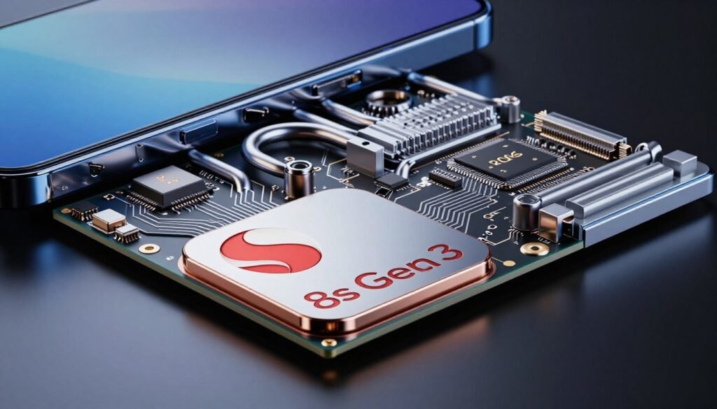 A close-up view of a Snapdragon 8s Gen 3 chipset, showcasing intricate circuitry and components in a sleek, modern design. The chipset is positioned prominently in the foreground, reflecting light to emphasize its metallic surfaces and detailed engravings. In the middle ground, an advanced smartphone cooling system, featuring heat pipes and a vapor chamber, is elegantly arranged, illustrating its integration with the chipset. The background is a subtle gradient of blue and black, suggesting a high-tech environment. The lighting highlights the reflective surfaces and gives a dynamic energy to the image. The overall mood conveys cutting-edge technology and innovation, perfect for illustrating the latest in mobile gaming performance.