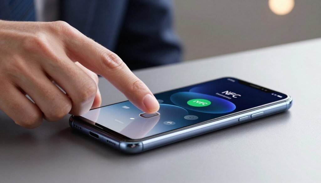 A close-up view of a modern smartphone, prominently featuring the additional features and sensors like NFC and a side fingerprint scanner. The phone is placed on a sleek, reflective surface, showcasing its elegant design with metallic accents. In the foreground, a hand in business attire is about to activate the fingerprint sensor, emphasizing its accessibility. The middle layer has subtle details of the smartphone's user interface displaying NFC capabilities. The background is softly blurred with ambient lighting, creating a tech-savvy atmosphere, evoking a sense of innovation and modernity. The image should be well-lit, capturing the smartphone's glossy finish, with a shallow depth of field to keep the focus on the device and the hand while maintaining a professional appeal.