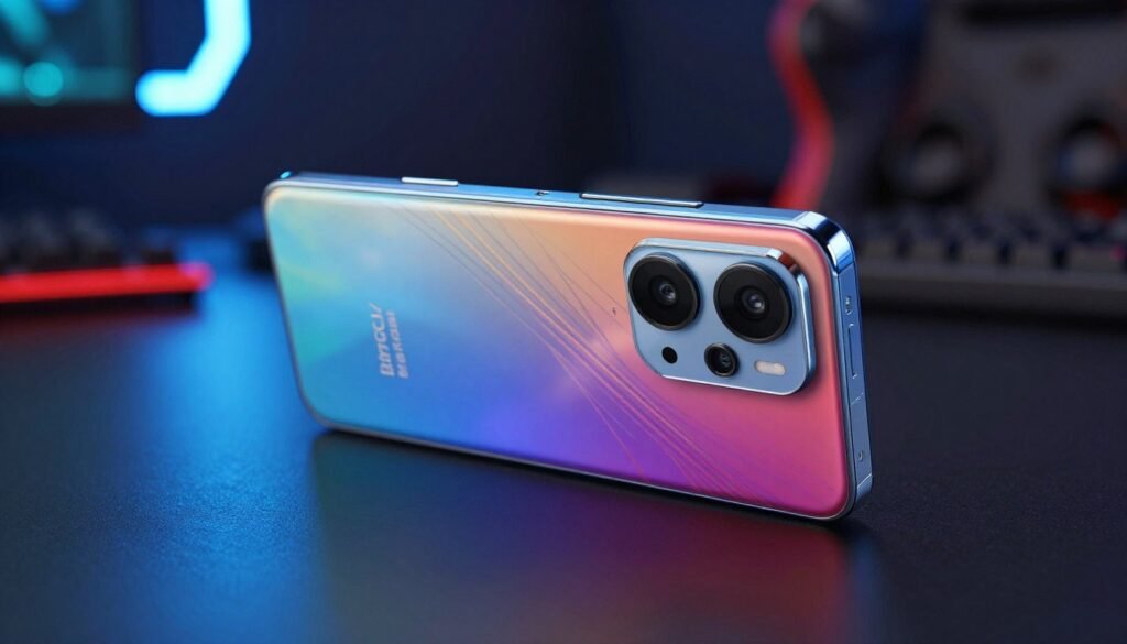 A high-end gaming smartphone with a sleek, premium design, showcasing vibrant colors and intricate patterns on its body. The foreground features the smartphone prominently displayed at a slight angle, highlighting its shiny finish and unique gaming aesthetic. In the middle ground, rich reflections and subtle details emphasize its modern build quality and ergonomic contours designed for gaming comfort. The background features a softly blurred gaming environment, enhancing the focus on the device. Soft but dynamic lighting creates a cool, energetic atmosphere, evoking excitement and innovation. The lens captures the essence of a high-tech product, showcasing advanced connectivity ports and cooling features, while maintaining a sense of sophistication and style.
