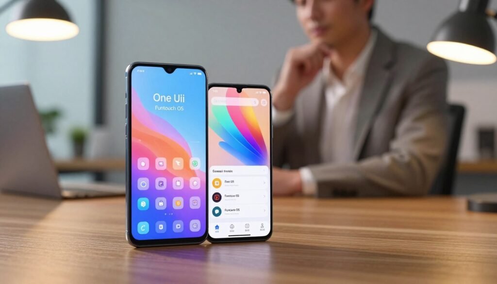 A high-tech smartphone user interface comparison scene illustrating the unique features of One UI and Funtouch OS. In the foreground, a sleek smartphone sits on a stylish wooden desk, its screen displaying a colorful and vibrant interface of both operating systems side by side. The middle section features a soft-focus view of a person, dressed in business casual attire, thoughtfully examining the user interfaces, highlighting usability and design aesthetics. The background shows a modern office environment with subtle ambient lighting, creating a professional atmosphere. Soft reflections on the smartphone's screen enhance the high-tech feel, while a warm glow from a desk lamp casts a welcoming light on the setup. The overall mood conveys technological sophistication and a user-friendly experience.
